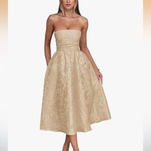 Chic Strapless Tea Length Satin Floral Gold Dress